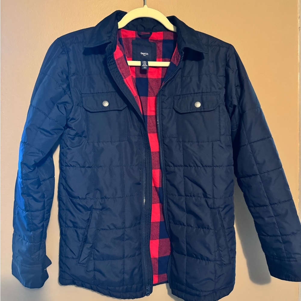 GAP Navy Quilted Jacket with Red Plaid Interior